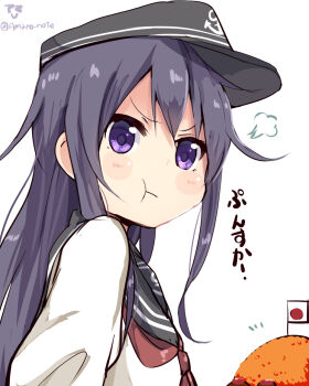 Rule 34 | >:t, 10s, 1girl, :t, akatsuki (kancolle), amano kouki, anchor symbol, blush, blush stickers, commentary request, female focus, flag, flat cap, food, hair between eyes, hat, highres, kantai collection, long hair, looking at viewer, looking to the side, messy hair, neckerchief, okosama lunch, pout, purple eyes, purple hair, red neckerchief, rice, school uniform, serafuku, simple background, solo, translation request, twitter username, v-shaped eyebrows, white background
