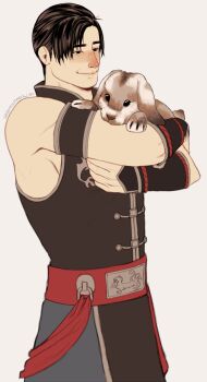 animal animal_ears bare_shoulders black_eyes black_hair carrying chinese_clothes highres kung_lao male_focus mortal_kombat_(series) mortal_kombat_9 pet rabbit rabbit_ears rabbit_tail saibotts shaolin_monk simple_background smile solo solo_focus tail white_background