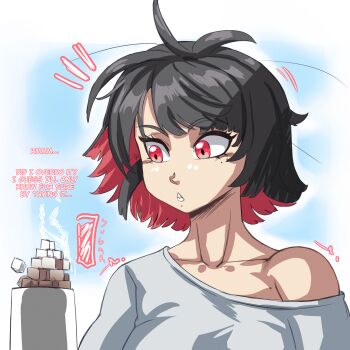 1girl antenna_hair black_hair charge_sol coffee curious ellen_joe highres multicolored_hair pajamas pink_eyes pink_hair sharp_teeth short_hair sugar sugar_cube tagme teeth two-tone_hair zenless_zone_zero