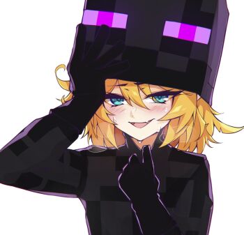 Rule 34 | 1girl, :d, aqua eyes, black gloves, blonde hair, blush, commentary, cosplay, dokibird, enderman, enderman (cosplay), eyes visible through hair, fang, gloves, hair between eyes, heavy breathing, highres, indie virtual youtuber, looking at viewer, minecraft, open mouth, ricegnat, short hair, simple background, skin fang, smile, solo, sweat, virtual youtuber, white background