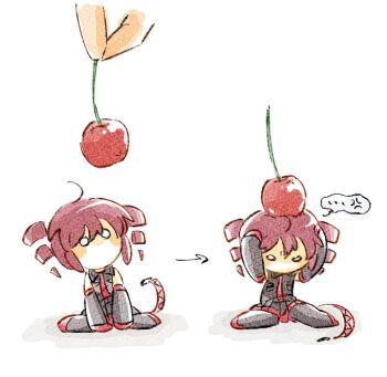 ... 1girl ahoge anger_vein arrow_(symbol) black_shirt black_skirt boots cherry collared_shirt detached_sleeves drill_hair food food_on_head fruit hato_no_mune_wo_momitai kasane_teto kasane_teto_(utau) mini_person minigirl object_on_head red_hair sequential shirt short_hair sitting skirt sleeveless sleeveless_shirt solid_eyes spoken_anger_vein spoken_ellipsis thigh_boots twin_drills utau white_background