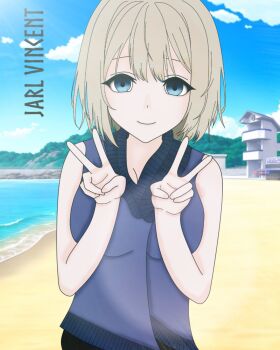 1girl amy_van_arian bare_arms bare_shoulders beach blonde_hair blue_eyes blue_sky blurry blush breasts building chorer closed_mouth cloud cloudy_sky cover day double_v fighter hair_between_eyes hands_up head_tilt highres horizon jarl_vincent looking_at_viewer medium_breasts non-web_source nymph ocean original outdoors pale_skin rogue sand shirt shore short_hair sky sleeveless sleeveless_shirt smile solo standing upper_body v vampire warrior water waves