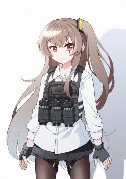 1girl alternate_costume ammunition_pouch black_gloves black_pantyhose black_skirt blush bulletproof_vest collared_shirt commentary cowboy_shot crossed_bangs double-parted_bangs dress_shirt fingerless_gloves girls&#039;_frontline girls&#039;_frontline_2:_exilium gloves hair_between_eyes highres jiwon_(sj1) leva_(girls&#039;_frontline_2) long_hair long_sidelocks long_sleeves looking_at_viewer magazine_(weapon) miniskirt one_side_up pantyhose pleated_skirt pouch red_eyes scar scar_across_eye scar_on_face shadow shirt sidelocks simple_background skirt smile solo standing thigh_strap ump45_(girls&#039;_frontline) very_long_hair white_background white_shirt
