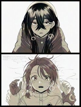 blush braid carmine_(pokemon) crossed_bangs girl_on_top gloves hair_between_eyes heavy_breathing holding_another&#039;s_wrist hyaku_ae_mon juliana_(pokemon) long_hair long_sleeves looking_at_another mole mole_under_eye nintendo open_mouth pokemon pokemon_sv short_hair single_braid single_glove sweat upper_body yuri