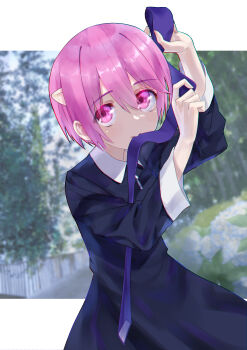 1girl absurdres black_dress blurry blurry_background contrast_collar dress elfen_lied hair_between_eyes highres horns long_sleeves looking_at_viewer mame_(pixiv82333841) mouth_hold nana_(elfen_lied) necktie necktie_in_mouth pink_eyes pink_hair purple_necktie short_hair solo tying