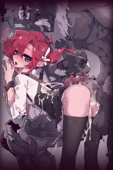 1boy 1girl absurdres aftersex against_wall bent_over black_skirt black_thighhighs blur_censor blush bukkake censored closed_mouth collared_shirt criss-cross_suspenders cum cum_in_pussy cum_on_clothes ejaculation expressionless feet_out_of_frame flying_sweatdrops from_behind grabbing_another&#039;s_hair hair_between_eyes hair_ribbon heart heart-shaped_pupils hetero highres holding_another&#039;s_hair huge_penis imazawa legs_apart lilivia_(imazawa) long_sleeves looking_at_viewer looking_back nose_blush open_mouth original penis penis_on_ass purple_eyes pussy_juice red_hair ribbon saliva shirt side_ponytail size_difference skirt suspender_skirt suspenders symbol-shaped_pupils teeth thighhighs tongue tongue_out trembling upper_teeth_only white_ribbon white_shirt