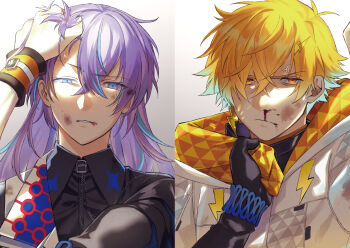 Rule 34 | 2boys, absurdres, anger vein, black gloves, black shirt, blonde hair, blood, blood on face, blue eyes, blue hair, bruise, clothes grab, collared shirt, commentary request, ebippoid, gloves, grabbing another's hair, grabbing another's shirt, gradient background, gradient hair, green hair, grey background, highres, holding another's hair, hoshirube sho, hoshirube sho (1st costume), injury, jacket, lightning bolt symbol, long sleeves, male focus, multicolored hair, multiple boys, nijisanji, nose, off shoulder, orange eyes, purple hair, shirt, simple background, streaked hair, usami rito, usami rito (1st costume), virtual youtuber, white background, white jacket, wristband