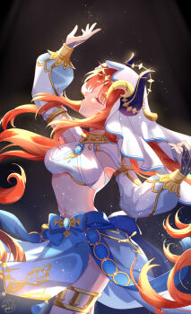 1girl arm_up blue_gemstone breasts bridal_gauntlets closed_eyes closed_mouth dancer dancing fake_horns gem genshin_impact gold_thighlet harem_outfit highres horns jewelry long_hair long_sleeves medium_breasts milky_ice navel nilou_(genshin_impact) red_hair stage stomach thighlet veil white_veil