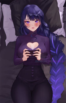 1girl alternate_costume artist_name blue_pupils blunt_bangs blush braid breasts cellphone center_opening clothing_cutout commentary_request covered_erect_nipples embarrassed eyeliner genshin_impact gradient_hair heart_cutout highres holding holding_phone indoors large_breasts long_braid long_sleeves looking_up lying makeup mole mole_under_eye multicolored_eyes multicolored_hair on_back on_bed pants parted_lips phone pillow pink_lips puffy_nipples purple_eyes purple_hair raiden_shogun red_eyeliner sayuri_watanabe shade shy single_braid smartphone solo streaked_hair thick_lips watermark