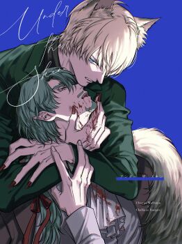 2boys absurdres alternate_costume alternate_hair_length alternate_hairstyle animal_ear_fluff animal_ears arms_around_neck ascot beard black_shirt blonde_hair blood blood_on_clothes blood_on_face blood_on_hands blue_background blue_eyes brown_jacket challia_bull char_aznable character_name commentary facial_hair fangs fingernails green_eyes green_hair green_jacket gundam gundam_gquuuuuux hair_ribbon halcyon_(gugfuggugfug) hand_on_another&#039;s_chin hand_on_another&#039;s_wrist highres jacket lapels long_fingernails long_hair long_sleeves looking_at_another male_focus multiple_boys mustache nail_polish notched_lapels open_clothes open_jacket open_mouth pointy_ears ponytail red_nails red_ribbon ribbon sharp_fingernails shirt short_hair simple_background tail vampire white_ascot white_shirt wolf_boy wolf_ears wolf_tail yaoi