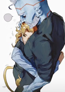 2boys beard black_nails black_sclera black_vest blonde_hair blue_skin colored_sclera colored_skin facial_hair height_difference highres hug identity_v lion_boy lion_tail long_hair male_focus marcus_thorne multiple_boys old old_man percy_(identity_v) pointy_ears scar scar_on_face shu0718 tail undercut vest wavy_hair yaoi