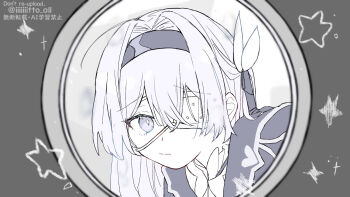 1girl black_hairband black_jacket black_ribbon closed_mouth collared_shirt firefly_(honkai:_star_rail) greyscale hair_between_eyes hair_intakes hair_ornament hair_ribbon hairband highres honkai:_star_rail honkai_(series) iiiiiiitto_all jacket long_hair monitoring_(vocaloid) monochrome ribbon shirt solo star_(symbol) twitter_username white_shirt