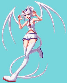 1girl absurdres asymmetrical_horns bigscaryartist1 blue_eyes blue_nails blush breasts claw_pose commission eyelashes fang fingernails forked_tail full_body heterochromia highres horns long_legs medium_hair midriff mismatched_horns multicolored_nails nail_polish navel open_mouth original outline pointy_ears ponytail red_eyes red_nails sharp_fingernails shirt shoes shorts sidelocks sleeveless sleeveless_shirt slit_pupils smile solo tail teeth thighhighs two-tone_nails upper_teeth_only white_hair white_outline white_shirt white_shoes white_shorts white_thighhighs wings