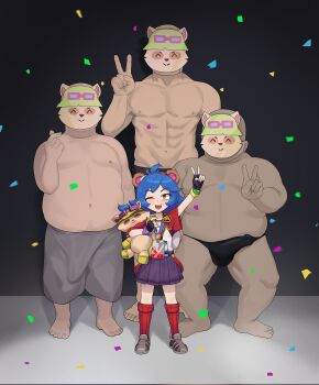 1girl 3boys age_difference animal_ears annie-versary annie_(league_of_legends) bear_ears black_background black_gloves blue_hair blush bulge clueless completely_nude dark-skinned_male dark_skin erection erection_under_clothes fake_animal_ears fat fat_man fingerless_gloves full_body gloves grey_footwear hand_up henz_(ketchupp) highres holding_stuffed_toy imminent_penetration league_of_legends loli mask multiple_boys muscular muscular_male nude official_alternate_costume one_eye_closed open_mouth orange_eyes purple_skirt red_shirt red_socks shirt short_hair short_sleeves simple_background size_difference skirt smile socks standing teemo teeth two-tone_shirt upper_teeth_only v white_shirt wide_sleeves