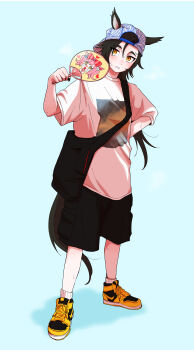 1girl absurdres agnes_digital_(umamusume) air_jordan air_shakur_(umamusume) alternate_costume animal_ears arm_behind_back backwards_hat bag baseball_cap black_hair black_shorts blue_background blush casual ears_through_headwear fanning_self hand_fan hand_up hat highres horse_ears horse_girl horse_tail long_hair looking_at_viewer open_mouth oshi-katsu paper_fan samedonburi shirt shoes shorts shoulder_bag sneakers socks solo standing sweat tail uchiwa umamusume white_shirt white_socks yellow_eyes yellow_shoes