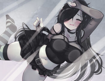 Rule 34 | 1girl, against fourth wall, against glass, aria wintermint, belt, black belt, black camisole, black choker, black hair, black skirt, blush, breast press, breasts, camisole, choker, closed eyes, commentary, english commentary, facing viewer, green thighhighs, grey background, hair over one eye, large breasts, long hair, midriff, miniskirt, navel, no shoes, open mouth, parororo, see-through cleavage, see-through clothes, skirt, solo, striped clothes, striped thighhighs, the crawling city, thighhighs, zettai ryouiki