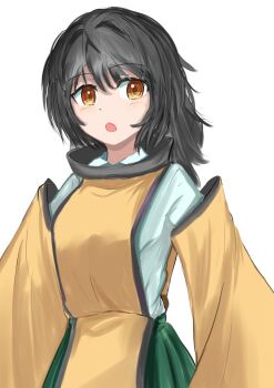 1girl :o alternate_hair_color black_hair blush collared_shirt commentary_request cowboy_shot detached_sleeves green_skirt guminemi long_hair long_sleeves looking_at_viewer matara_okina no_headwear open_mouth shirt simple_background skirt solo tabard touhou white_background white_shirt wide_sleeves yellow_eyes yellow_sleeves yellow_tabard