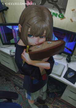 1girl absurdres black_shirt blue_eyes boxcutter broken_screen cd child commission computer_mouse desk drawing_tablet female_focus fisheye hair_ornament hairclip highres hugging_object indoors kanikumi_toi looking_at_viewer monitor original poster rug shirt shorts socks solo standing t-shirt tears watermark