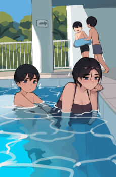 1girl 3boys age_difference akiyama_minato_(pepper0) akiyama_toru_(pepper0) akiyama_yuko_(pepper0) akiyama_yuto_(pepper0) arrow_(symbol) black_hair black_one-piece_swimsuit black_shorts blue_eyes blue_shorts blue_sky blush breasts brothers clothes_pull cloud day faceless faceless_male grabbing_another's_waist grabbing_from_behind hand_on_own_chin hand_on_own_face hand_up highres implied_sex incest innertube large_breasts mother_and_son multiple_boys nude one-piece_swimsuit onee-shota open_mouth original outdoors pants pants_pull partially_submerged pepper0 pillar pool public_indecency railing sex sex_from_behind short_hair shorts shorts_pull shota siblings sign sky smile standing stealth_sex swim_cap swim_ring swimsuit topless_male tree walking water