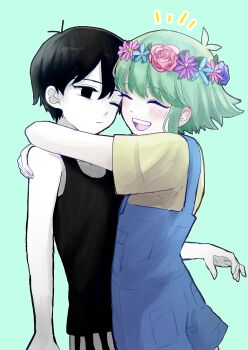 2boys absurdres antenna_hair basil_(headspace)_(omori) basil_(omori) black_eyes black_hair black_shorts black_tank_top blue_overalls blush closed_eyes closed_mouth collarbone colored_skin commentary_request flower flower_wreath green_background green_hair head_wreath highres looking_at_another male_focus multicolored_shorts multiple_boys omori omori_(omori) one_eye_closed open_mouth overalls rami_1300 shirt short_hair shorts simple_background smile striped_clothes striped_shorts t-shirt tank_top teeth upper_teeth_only vertical-striped_clothes vertical-striped_shorts watermark white_shorts white_skin yellow_shirt