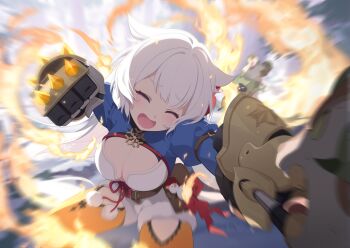 1girl ^_^ blue_shrug blurry_edges breasts cleavage closed_eyes cowboy_shot fire flower fur-trimmed_leotard fur_trim fuyuka_(stella_sora) game_cg gauntlets hair_flaps hair_flower hair_ornament highres incoming_attack incoming_punch juliet_sleeves large_breasts leotard long_sleeves looking_at_viewer motion_blur non-web_source official_art open_mouth orange_pantyhose pantyhose pantyhose_cutout pink_flower puffy_sleeves punching shrug_(clothing) solo stella_sora white_hair white_leotard