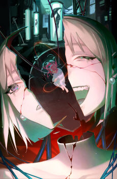 2girls absurdres alien alien_stage barefoot black_hair cable closed_eyes commentary doyngu dress earrings english_commentary highres jewelry long_hair mini_person minigirl mizi_(alien_stage) multiple_girls open_mouth pearl_earrings pink_hair purple_eyes short_hair sphere_earrings stasis_tank sua_(alien_stage) teeth white_dress