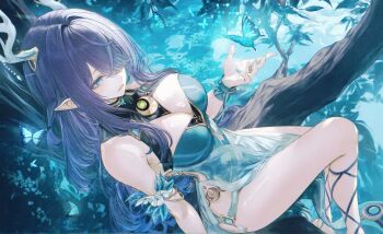 1girl absurdres antlers aqua_dress aqua_eyes aqua_nails bare_shoulders blue_butterfly breasts bug butterfly cleavage commentary deer_antlers dress english_commentary fingernails genshin_impact hair_over_one_eye hand_up highres horns insect large_breasts lauma_(genshin_impact) legs light_smile long_hair nail_polish parted_lips pointy_ears purple_hair renoahh revision sidelocks sitting sitting_on_branch solo thighs very_long_hair