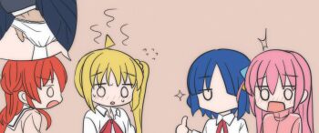 4girls blonde_hair blue_hair blush bocchi_the_rock! brown_background chibi chikan embarrassed fingering flying_sweatdrops gotoh_hitori hand_in_panties hippo_power ijichi_nijika image_in_speech_bubble kita_ikuyo long_hair molestation multiple_girls panties pink_hair red_hair short_hair side_ponytail simple_background surprised thumbs_up underwear yamada_ryo