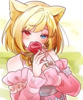 1girl animal_ears arknights aza_nonoka bare_shoulders blonde_hair blue_eyes blush commentary covered_mouth flower heterochromia holding holding_flower long_sleeves looking_at_viewer medium_hair nightmare_(arknights) nightmare_(the_ferry_girl)_(arknights) official_alternate_costume one-hour_drawing_challenge pink_shirt red_eyes red_flower red_rose rose shirt solo upper_body