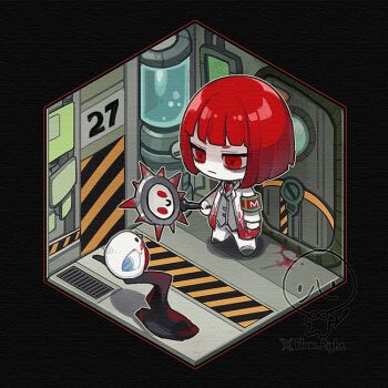 1other blood blood_on_clothes blood_on_ground bob_cut circular_saw coat containment_unit employee_(project_moon) flaw_eight full_body holding holding_weapon indoors lobotomy_corporation necktie nugget_(project_moon) pants project_moon punishing_bird red_eyes red_hair red_necktie saw short_hair solo weapon white_coat white_pants
