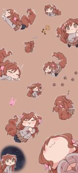 1girl :3 animal_ears bang_dream! black_socks brown_background brown_eyes brown_hair brown_skirt bug butterfly cat_ears cat_girl cat_tail chibi chibi_only closed_eyes closed_mouth commentary cookie food grey_jacket haneoka_school_uniform highres imai_lisa insect jacket kanade_(kanade_3344) kemonomimi_mode long_hair meme multiple_views open_mouth pleated_skirt school_uniform skirt socks space_cat_(meme) symbol-only_commentary tail zzz