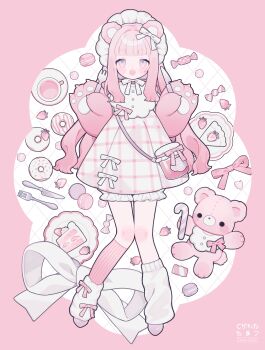 1girl absurdres animal_hands asymmetrical_legwear bear_girl blush bow bowtie cake cake_slice candy candy_cane commentary cup donut dress dress_bow food fork full_body gloves grid_background hands_up highres holding holding_fork holding_knife knife long_hair looking_at_viewer macaron maid_headdress mismatched_legwear open_mouth original paw_gloves pink_dress pink_hair pink_socks pink_theme purple_eyes saucer sharp_teeth socks solo stuffed_animal stuffed_toy symbol-only_commentary teacup teddy_bear teeth tokareta_tamago upper_teeth_only white_background white_bow white_bowtie white_socks