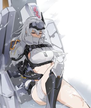 1girl armor armored_boots bandaged_leg bandages boots breasts chest_harness cloak closed_eyes dog_tags duc_94 goddess_of_victory:_nikke harness head-mounted_display highres large_breasts mechanical_arms missile multiple_scars outdoors pilgrim_symbol_(nikke) scar shoulder_armor single_mechanical_arm sitting snow_white_(heavy_arms)_(nikke) snow_white_(nikke) snowing solo torn_cloak torn_clothes white_cloak white_hair