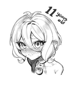 1girl 9nojo antenna_hair bare_shoulders blush cropped_shoulders ear_blush elf english_text greyscale hair_between_eyes highres kokkoro_(princess_connect!) looking_at_viewer monochrome pointy_ears princess_connect! short_hair simple_background sketch solo sweat