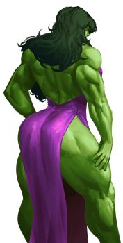 1girl absurdres ass back backless_dress backless_outfit bare_arms bare_shoulders biceps breasts colored_skin curly_hair dress feet_out_of_frame from_behind green_hair green_skin hand_on_own_thigh highres jennifer_walters large_breasts long_hair marvel muscular muscular_arms muscular_back muscular_female muscular_legs pelvic_curtain pink_dress purple_dress she-hulk simple_background solo standing strongman_waist thick_thighs thighs virgoart white_background