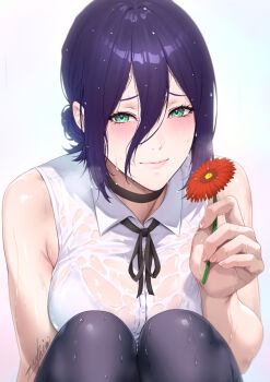 1girl black_hair black_thighhighs blush bra bra_visible_through_clothes breasts chainsaw_man choker closed_mouth collared_shirt commentary english_commentary flower gradient_background green_eyes hair_between_eyes hair_bun highres holding holding_flower large_breasts lips looking_at_viewer neck_ribbon paid_reward_available red_flower reze_(chainsaw_man) ribbon see-through_clothes see-through_shirt shirt short_hair sleeveless sleeveless_shirt solo squatting thighhighs underwear wet wet_clothes wet_hair wet_shirt white_bra white_shirt zucchini