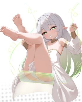 1girl ass ass_press bare_shoulders barefoot blush cosplay detached_sleeves dress gameplay_mechanics genshin_impact gradient_hair green_eyes green_hair grin highres idle_animation legs legs_up loli long_hair looking_at_viewer looking_down mockingeu multicolored_hair nahida_(genshin_impact) on_swing parted_lips pointy_ears rukkhadevata_(genshin_impact) rukkhadevata_(genshin_impact)_(cosplay) smile smug solo swing swinging_on_swing transparent upskirt very_long_hair white_hair