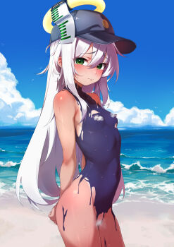 1girl absurdres arms_behind_back baseball_cap beach blue_one-piece_swimsuit blue_sky blush bodypaint breasts censored closed_mouth cloud convenient_censoring covered_erect_nipples cowboy_shot day double-parted_bangs fake_halo from_side green_eyes grey_hair hair_between_eyes halo hat highres hinanawi_mika hug loli long_hair looking_at_viewer looking_to_the_side nipple_piercing ocean one-piece_swimsuit original outdoors painted_clothes piercing pointless_censoring raised_inner_eyebrows simple_bird sky small_breasts solo steam steam_censor straight_hair summer sweat swimsuit tan tanline turning_head variant_set very_long_hair