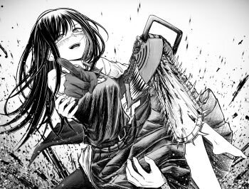 belt black_dress black_gloves blood bloody_weapon blush carrying carrying_person chainsaw_man collared_shirt commentary_request denji_(chainsaw_man) dress facial_scar fourth_east_high_school_uniform gloves greyscale highres long_hair long_skirt long_sleeves looking_at_viewer monochrome neck_ribbon pointing pointing_at_viewer princess_carry ribbon rik_km9 ringed_eyes scar scar_on_cheek scar_on_face scar_on_nose school_uniform sharp_teeth shirt skirt teeth weapon white_shirt yoru_(chainsaw_man)