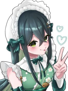 1girl :v bare_shoulders black_corset blush bonnet breasts collar colored_inner_hair corset crossed_bangs detached_sleeves fish floral_print floral_print_kimono flower-shaped_pupils flower_hairpin frilled_bonnet frilled_collar frills from_above green_eyes green_hair green_kimono green_ribbon hair_ornament hair_ribbon hairclip heart highres japanese_clothes kimono long_hair long_sleeves looking_at_viewer multicolored_hair neck_ribbon nijisanji obiage print_kimono ribbon simple_background small_breasts smile solo symbol-shaped_pupils togawa_nonoha tongue tongue_out upper_body v virtual_youtuber white_background white_bonnet white_sleeves yakishisha