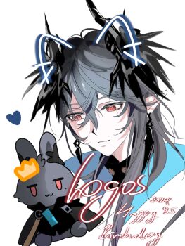 Rule 34 | 1boy, :3, arknights, birthday, black horns, black wings, character doll, character name, chinese commentary, choshanland plushy (arknights), closed mouth, commentary request, cropped head, crown (symbol), dated, demon boy, demon horns, doll, double-parted bangs, drawn ears, earrings, grey hair, hair between eyes, happy birthday, head wings, heart, highres, horns, jewelry, jitome, logos (arknights), long hair, looking at object, looking down, male focus, mole, mole under eye, pointy ears, red eyes, simple background, solo, stuffed animal, stuffed rabbit, stuffed toy, white background, wings, youyouyouyouyouzi