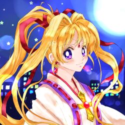 Rule 34 | 1girl, blonde hair, bow, cityscape, closed mouth, cross, earrings, full moon, hair bow, hair intakes, highres, japanese clothes, jewelry, kaitou jeanne, kamikaze kaitou jeanne, kimono, kusakabe maron, long hair, looking at viewer, magical girl, moon, night, outdoors, ponytail, purple eyes, red bow, signature, sky, smile, solo, sparkle, star (sky), starry sky, ten (uzk mooon), upper body, white kimono