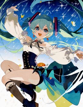 Rule 34 | 1girl, :d, alternate costume, ankle boots, aqua eyes, aqua hair, aqua nails, armlet, bare shoulders, black corset, black ribbon, black shorts, blouse, boots, breasts, brown boots, bug, butterfly, collar, colorful, commentary, corset, detached collar, detached sleeves, earrings, eyelashes, floating hair, flower, full body, grey socks, hair between eyes, hair ornament, hairclip, hatsune miku, highres, insect, jewelry, jumping, long hair, long sleeves, medium breasts, midair, nail polish, night, open mouth, orange flower, outstretched arms, puffy sleeves, ribbon, shirt, shooting star, shorts, sky, smile, socks, solo, sparkle, spread arms, star (sky), teeth, thighs, tongue, twintails, underbust, upper teeth only, very long hair, vocaloid, white collar, white shirt, white sleeves, wide sleeves, yellow butterfly, yozoramu