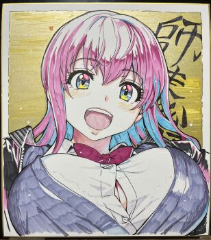 1girl blue_eyes blush breasts breast_focus cleavage colorized commentary_request highres large_breasts long_hair open_mouth original please!_freeze!_please! purple_hair ribbon shikishi shiwasu_no_okina signed smile tagme traditional_media yellow_background