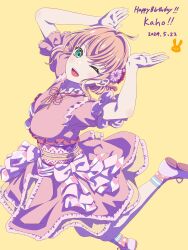 Rule 34 | 1girl, ;d, aqua eyes, arms up, blush, character name, commentary request, crossed bangs, dated, flower, hair flower, hair ornament, happy birthday, highres, hinoshita kaho, japanese clothes, kimono, kimono dress, leg up, link! like! love live!, logo, looking at viewer, love live!, medium hair, myrain56991013, neck ribbon, one eye closed, open mouth, orange hair, pink kimono, pink ribbon, rabbit pose, ribbon, shoes, short sleeves, smile, solo, sugao no pixel (love live!), teeth, two side up, upper teeth only, virtual youtuber, yellow background