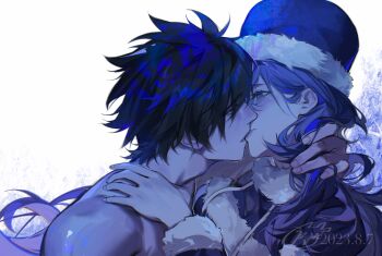 Rule 34 | 1boy, 1girl, black eyes, black hair, blue coat, blue eyes, blue hair, blue hat, blue theme, blush, coat, colored skin, commentary, dated, fairy tail, fur-trimmed coat, fur-trimmed headwear, fur trim, gray fullbuster, half-closed eyes, hat, hetero, highres, hug, juvia lockser, kiss, long hair, looking at another, short hair, toned, toned male, topless male, white skin, xuchuan