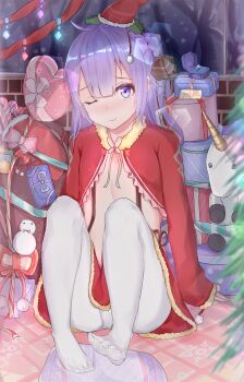 1girl ;) azur_lane blurry blush box candy chocolate chocolate_heart commentary_request depth_of_field female_focus food gift gift_box hair_bun hair_ribbon hat heart highres jewelry long_hair looking_at_viewer merry_christmas one_eye_closed one_side_up ornate_ring panties panties_under_pantyhose pantyhose purple_eyes purple_hair ribbon ring ring_box santa_hat sherryqq side_bun single_hair_bun single_side_bun sitting smile snowing snowman solo stuffed_animal stuffed_pegasus stuffed_toy stuffed_unicorn stuffed_winged_unicorn tears tree underwear unicorn_(azur_lane) wedding_ring white_pantyhose