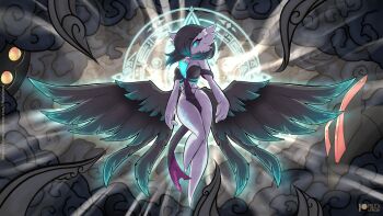 1girl alternate_color arms_at_sides artist_name backlighting black_dress black_hair black_wings body_markings breasts bright_pupils cleavage closed_mouth cloud cloudy_sky dark_cloud dark_sky dress expressionless feathered_wings fine_art_parody floating gardevoir gen_3_pokemon glowing glowing_eyes groin hair_between_eyes hip_focus knee_up large_breasts light_rays looking_at_viewer low_wings monster nintendo no_feet no_panties one_eye_covered parody pelvic_curtain pokemon pokemon_(creature) revealing_clothes rilex_lenov runes sky solo stomach strapless strapless_dress sunburst sunlight thighs watermark web_address white_pupils wind wings