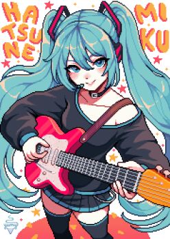 1girl absurdres aqua_eyes aqua_hair artist_name aseprite_(medium) belt_collar blush character_name collar commentary english_commentary from_above guitar hair_between_eyes hatsune_miku headset highres holding holding_guitar holding_instrument instrument long_hair looking_at_viewer pale_skin pixel_art playing_guitar playing_instrument pleated_skirt simple_background skirt smile solo star_(symbol) thighhighs twintails very_long_hair vocaloid white_background yumykon zettai_ryouiki