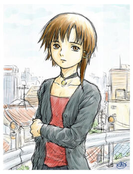1girl brown_eyes brown_hair cityscape iwakura_lain jacket jewelry kobaneko necklace open_clothes open_jacket serial_experiments_lain solo